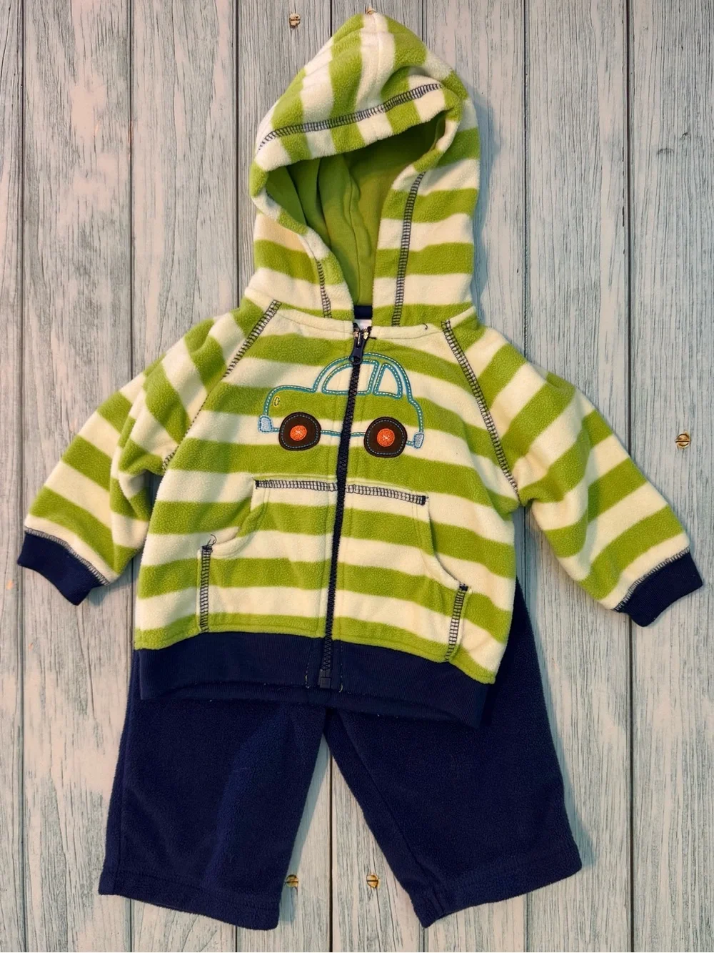 Carter's Green and White Striped Hoodie Set with Navy Pants